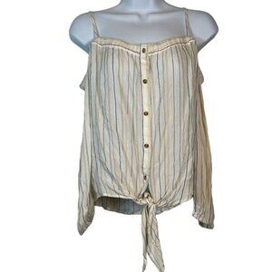 Byron Bay Long Sleeve Cold Shoulder Tan Stripe Tie Front Blouse Med EUC #0945-AZ